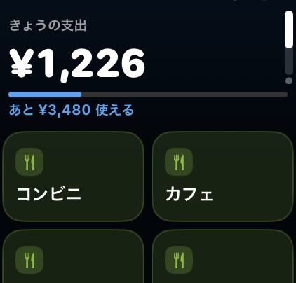 Apple Watch。きょうの支出 ¥1,226 と、お店のボタン